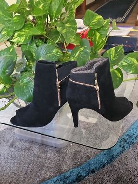 Marc Fisher Black Suede Peep-Toe Ankle Booties with Gold Zipper